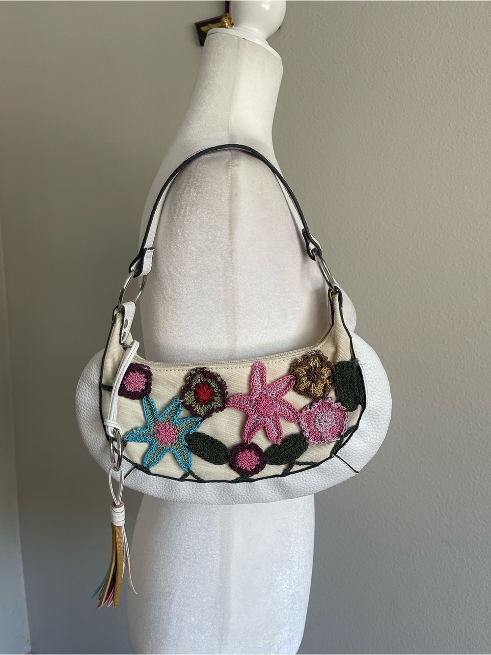 White Floral Crochet Accent Shoulder Bag